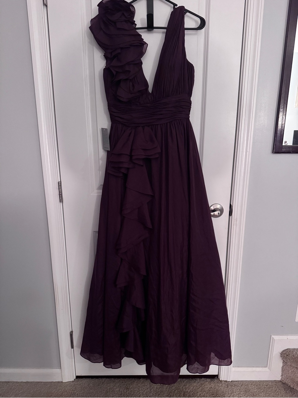 Xscape Deep Plum One-Shoulder Ruffle Evening Dress